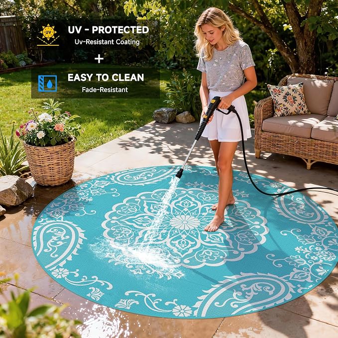 Pauwer Outdoor Rug 8ft, Waterproof Plastic Straw Camping Rug, Boho Teal | Reversible Patio Rug, UV Resistant Indoor Outdoor RV Mat Carpet For Deck, Camper, Porch, Balcony, Backyard, Picnic, Foldable