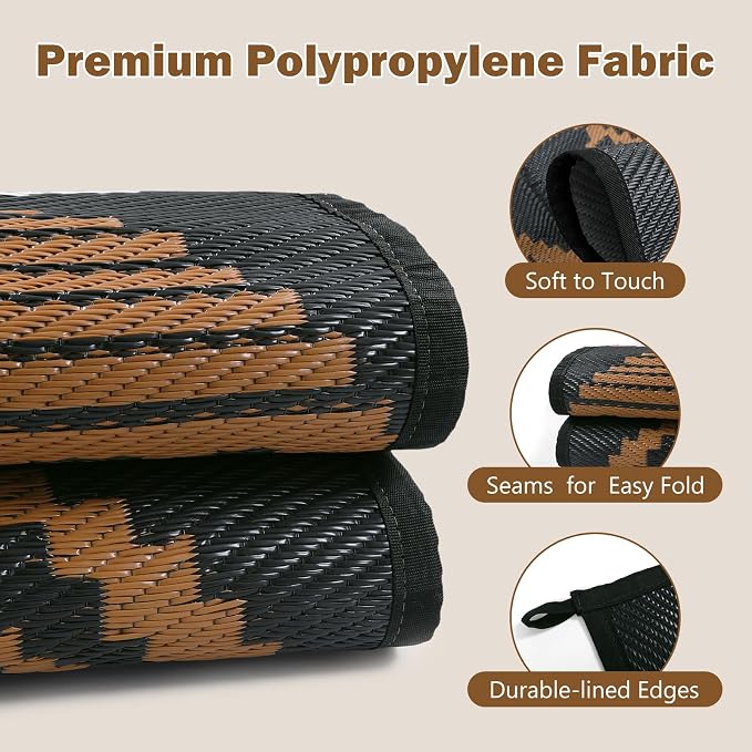 Lahome Outdoor Rugs 8x10 Waterproof, Reversible Plastic Large Outdoor Rug for Patios, Outside RV Mat Carpet for Patio Deck Porch Backyard Balcony Picnic Trailer (Black/Brown, 8' x 10')