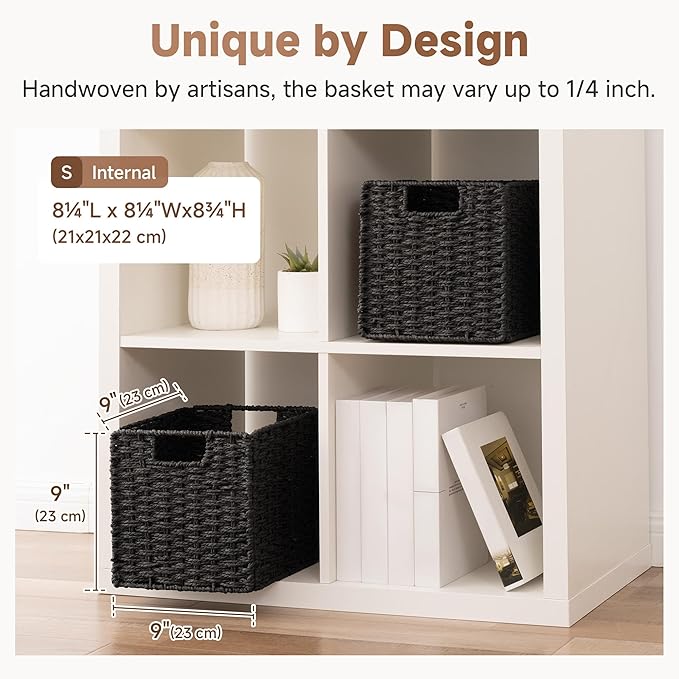 StorageWorks 9 inch Cube Storage Bins,Wicker Storage Cubes,Black Basket | 2-Pack,Handwoven Wicker Basket for Storage,Foldable Paper Rope Baskets for Organizing,Black Storage Bins,Cube Storage Bins