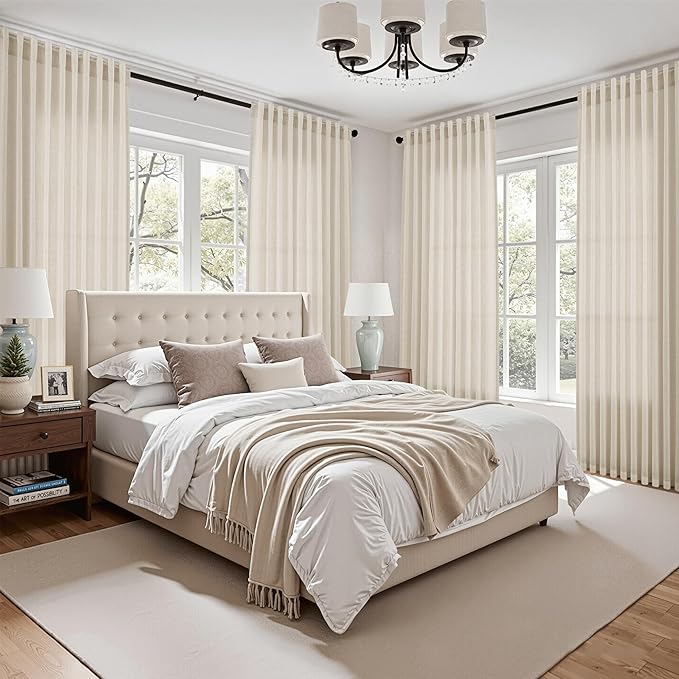 Nanspring Modern Farmhouse Decor Curtains 96 Inches Long for Living Room Linen Birch Beige Luxury Light Filtering Semi Sheer Curtain Back Tab Coastal Drapes for Bedroom Office 52x96, 2 Panels