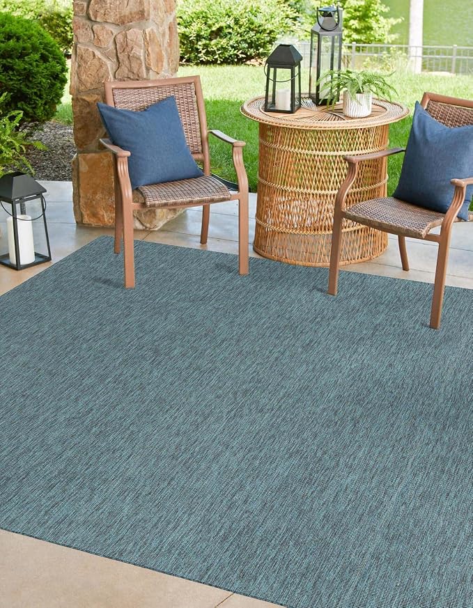 Unique Loom Collection Casual Transitional Solid Heathered Indoor/Outdoor Flatweave Area Rug (13' Square, Teal/Navy Blue)