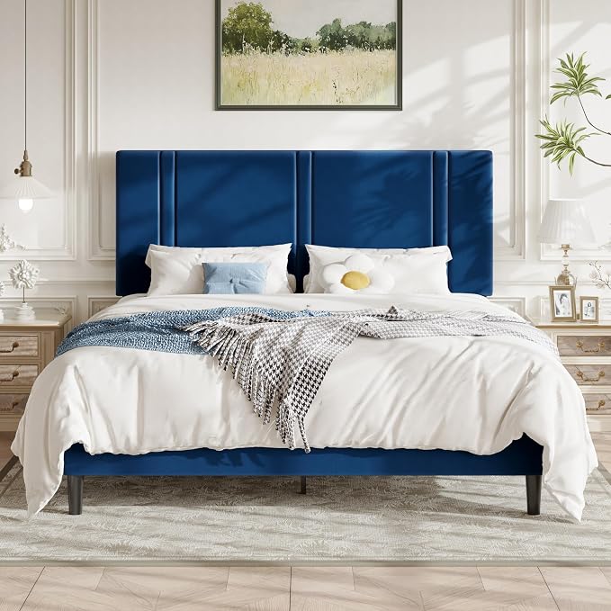 Allewie California King Size Platform Bed Frame with Adjustable Headboard | Plush Velvet Upholstered, Vertical Channel Tufted, Sturdy Wood Slats, No Box Spring Needed, Easy Assembly, Blue
