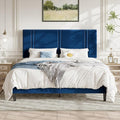 Allewie California King Size Platform Bed Frame with Adjustable Headboard | Plush Velvet Upholstered, Vertical Channel Tufted, Sturdy Wood Slats, No Box Spring Needed, Easy Assembly, Blue