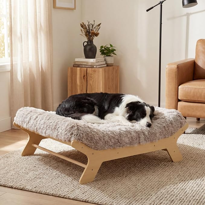 Muihood Elevated Wooden Dog Bed with Foam Mattress, Natural Wood, Large | Raised Dog Bed with Washable Cover, Supportive Foam Mattress, Perfect for Large Dogs and Indoor Living