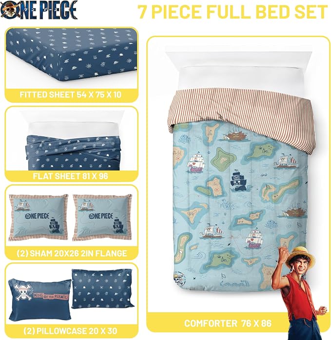 One Piece Luffy Full Comforter Set 7 Piece Soft Anime Bedding, Multi | Bed in a Bag, Comforter Sheets Shams Pillowcases, Official Product, Soft Microfiber, Machine Washable, Gift for Fans