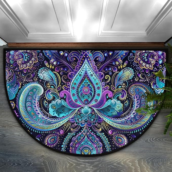Paisley Half Round Doormat Non-Slip Semi Circle Rug Half Moon Mat | Trippy Blue Abstract Washable Soft Absorbent Indoor Outdoor Entrance Kitchen Bathroom Sink Patio Welcome Fireplace Floor Rug