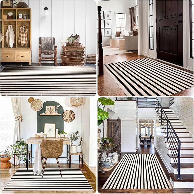 Black and White Striped Rugs, 3'x5' Area Rug Washable Indoor Outdoor Rug Front Porch Doormat Cotton Hand-Woven Farmhouse Layered Double Door Mats for Front Porch, Patio, Entryway, Laundry Room