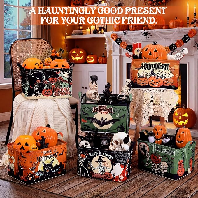 Bucherry 6 Pack Vintage Halloween Storage Basket Spooky Gifts Canvas Bins | Collapsible with Handles, Skull Bat Ghost Pumpkin Witch Designs, Gift Basket, Canvas Organizer for Home Office Closet Shelf