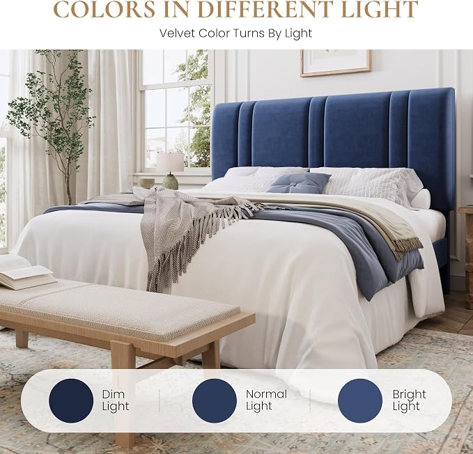 SHA CERLIN Full Size Velvet Bed Frame with Adjustable Headboard, Blue | Vertical Channel Tufted Design, Upholstered Platform Bed, Wood Slats Support/No Box Spring Needed/Easy Assembly