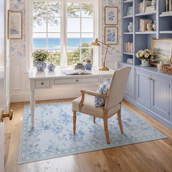 Tribesigns Bow Floral Blue 3x5 Washable Area Rugs for Living Room Entryway | Machine Washable, Non-Slip Backing with 4 Rug Tape, Soft Low Pile, for Coquette Nursery Kids Playroom Dorm Bedroom Decor