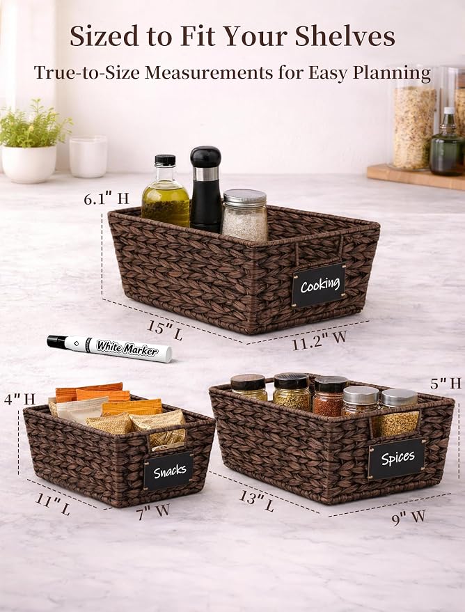 Pantry Baskets, 3 Pack Wicker Storage Baskets for Shelves, Brown | Water Hyacinth Baskets for Organizing, 3-Size Pantry Bins with Chalkboard and Marker for Shelf, Snack, Kitchen, Bathroom