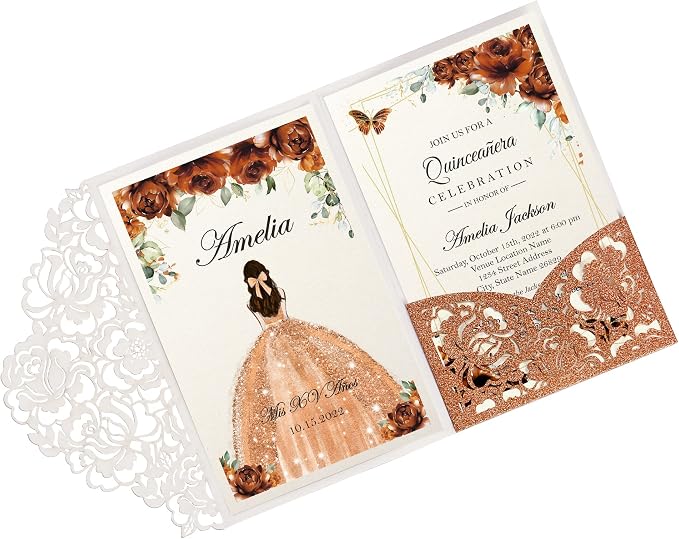 DORIS HOME 50Pcs Personalized Laser Cut Quinceanera Invitations, Terracotta | 4.7"x7.1", Customized Quince Invitations, For 15th Birthday, Sweet 16, With Envelopes