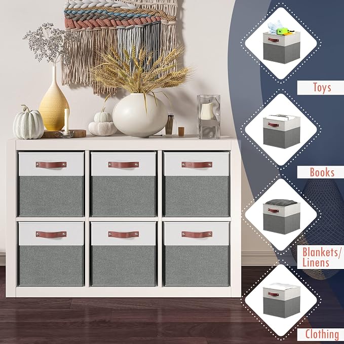 Ornavo Home 13x13 Foldable Fabric Storage Cube Bins, 6 Pack, White/Gray | Collapsible Linen Shelf Basket Organizer; Leather Handles; Ideal Cube Storage For Closet