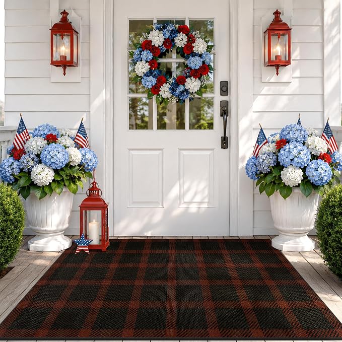 JTJ 3x5 Retro Buffalo Plaid Outdoor Rug - Front Door Mat Indoor Entrance, Non Slip Washable Rug for Kitchen, Living Room and Fireplace,Washable Easy Jute Red and Black Fall & Holiday Decor