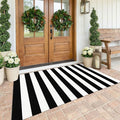 KOZYFLY Black and White Striped Area Rug 4x6 Ft Outdoor Rug Washable Indoor Outdoor Rug Hand Woven Cotton Door Mat Outdoor Entrance Mat for Front Door Kitchen Entryway Patio Front Porch Decor