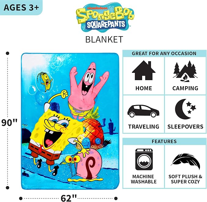 Franco Kids Bedding Super Soft Plush Micro Raschel Blanket, 62 in x 90 in, Spongebob Squarepants, Multicolour, Prints May Vary