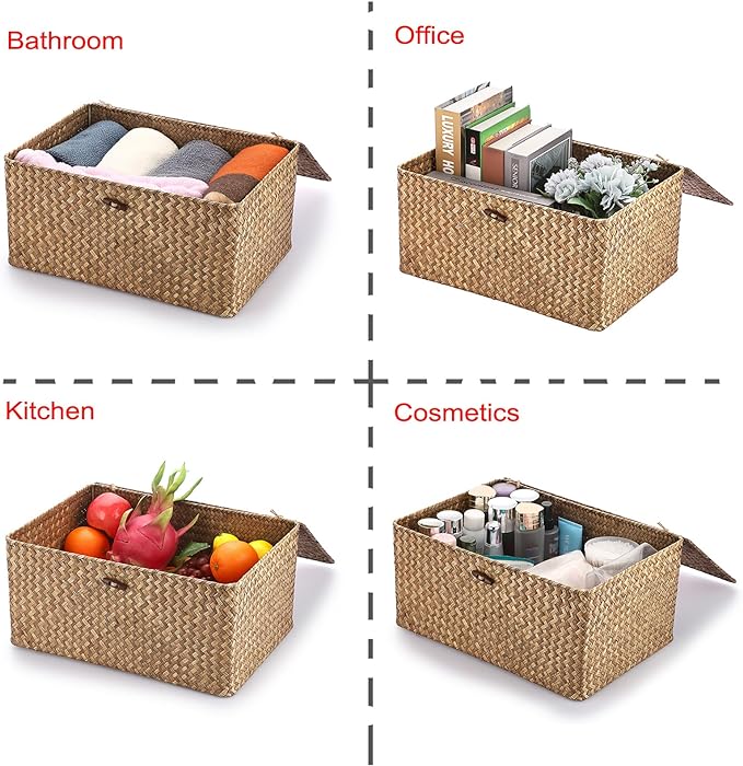 Hipiwe Wicker Shelf Baskets Bin with Lid Woven Storage Box, Coffee X-Large | Handmade Seagrass Basket Storage Bins Rectangular Household Basket Boxes for Shelf Wardrobe Home Organizer