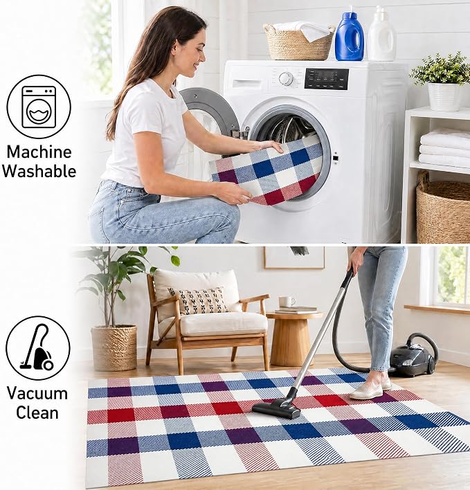 4th of July Door Mat Rug 28"x43", Patriotic Outdoor Rug, Red White and Blue Plaid Rug for Front Porch, Patriotic Door Mat for Indoor Outdoor Entryway Farmhouse Decor