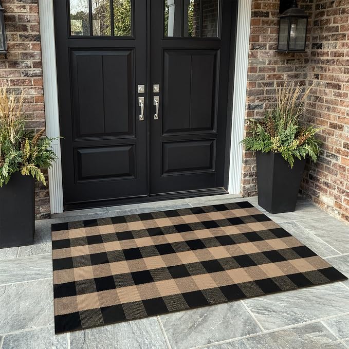 OJIA Buffalo Plaid Checkered Rug Fall Outdoor Rugs 3'x5' Welcome Door Mats | Washable Small Outdoor Porch Rug Carpet Cotton Door Mat Outside Entrance Layered Doormats for Patio/Farmhouse/Entryway/Foyer