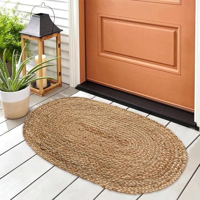 Chardin home Hand Woven Natural Jute Braided Rug -18x30 Inch Oval | Vintage Boho Reversible Doormat for Entryway, Front Door | Farmhouse Natural Fiber Rugs for Bedroom, Kitchen, Living Room