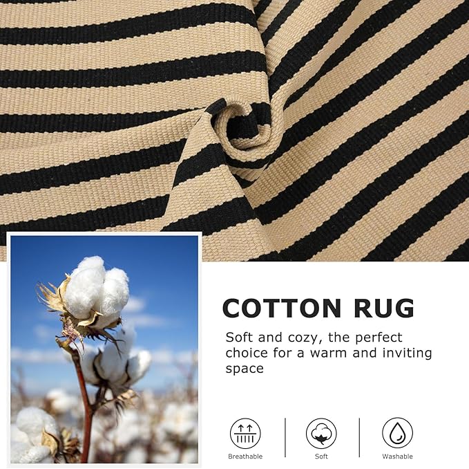 IOHOUZE Striped Area Rug 5'x7' Indoor Outdoor Rug, Washable Area Rug for Living Room, Large Patio Rug, Cotton Striped Rugs for Patio Living Room Bedroom, Tan/Black