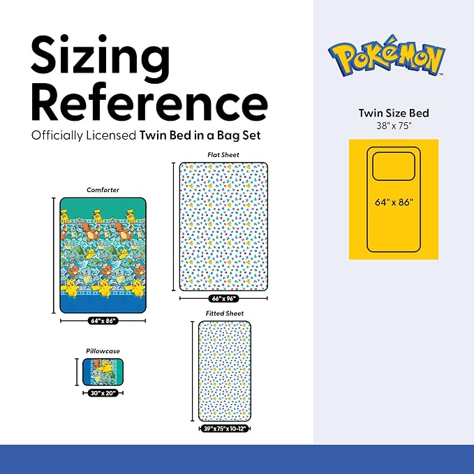 Northwest Pokemon First Starters Twin Size Bed in a Bag Set, Pikachu Charmander Squirtle Bulbasaur, Kids Boys Girls Bedding Comforter Sheets
