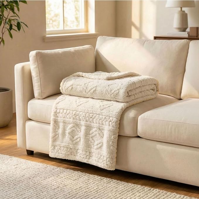 SUPERIOR Fleece Boho Jacquard Blanket, Decorative Blankets for Bedroom, Sofa, Fuzzy, Plush, Fluffy, Soft, Cute Room Decor, Beautiful Cover, Comfort Essentials, Arctic Collection, Throw XL, Ivory