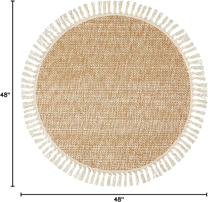 Collive Hand Woven Round Area Rug Soft Cotton Machine Washable Carpet 4ft Farmhouse Rugs with Tassels, Tan/Cream Circle Rugs for Bedroom Living Room Dining Room Table Office