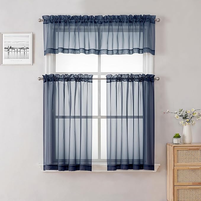 Lecloud Navy Blue Window Valance 14 Inches Long 2 PCS, Solid Voile Blue - Image 7