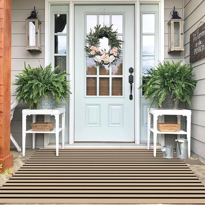 IOHOUZE Striped Area Rug 4'x6' Front Door Rugs Washable Area Rug for Double Front Porch, Large Patio Rug Outdoor Indoor, Doormat for Entryway Porch Entrance, Tan/Black