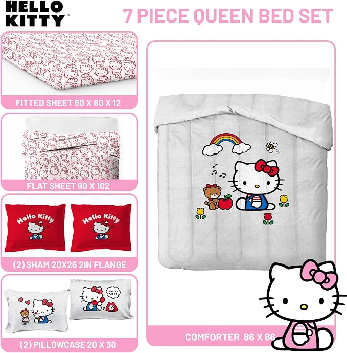 Sanrio Hello Kitty Queen Comforter Set 7 Piece Bedding for Girls, Grey | Bed in a Bag, Comforter Sheets Shams Pillowcases, Official Product, Soft Microfiber, Machine Washable, Girls Gift