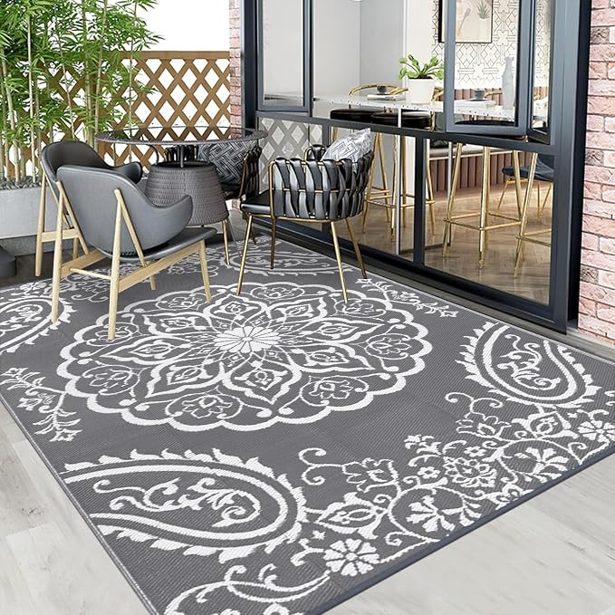 Pauwer Outdoor Rug 5x8, Waterproof Plastic Straw Camping Rug, Boho Grey | Reversible Patio Rug, UV Resistant Indoor Outdoor RV Mat Carpet For Deck, Camper, Porch, Balcony, Backyard, Picnic, Foldable