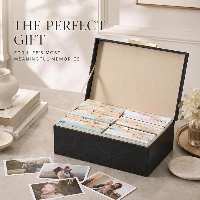 ZICOTO Decorative Photo Storage Box - Sturdy PU Leather Photo Organizer with Dividers is Perfect to Store Up to 1200 Pictures and 4x6 Photos - Portable Scrapbook Storage Containers with Lid