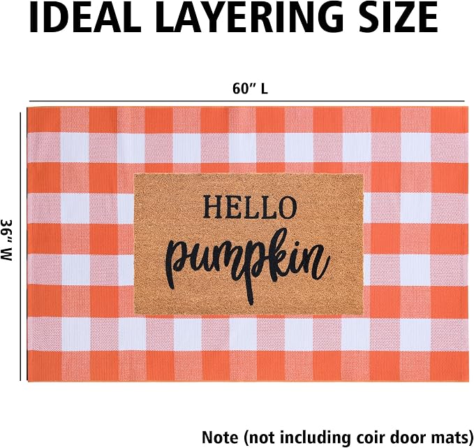 Fall Plaid Area Rug 3x5 Ft, Orange and White Buffalo Check Large Farmhouse Cotton Rug, Hand-Woven Washable Indoor Outdoor Carpet for Halloween Thanksgiving Autumn Porch Patio Decor