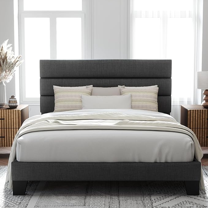 Allewie Full Size Platform Bed Frame with Fabric Upholstered Headboard Gray | Wooden Slats Support, Fully Upholstered Mattress Foundation, No Box Spring Needed, Easy Assembly, Noise-Free, Dark Grey