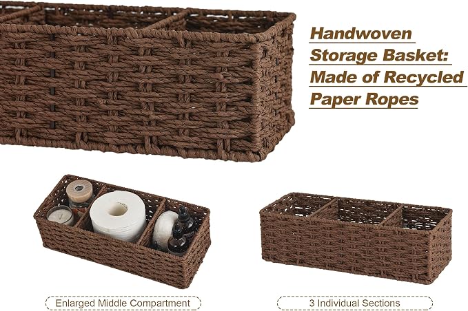 StorageWorks 3-Section Wicker Baskets for Shelves, Hand-Woven Round Paper Rope Storage Baskets, Walnut, 2-Pack