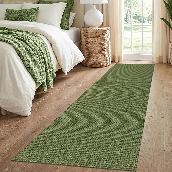 IOHOUZE Washable Runner Rug 2.6x8 Non Slip Rubber Backed Wide Hallway Runner Entryway Runner Indoor, Kitchen Rugs Woven Cotton Floor Carpet for Hall Entrance Bedroom, Olive Green/Earthy Green