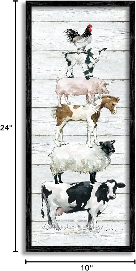 Stupell Industries Country Farm Animal Stack Cow Sheep Pig Rooster, Designed by Carol Robinson Black Framed Wall Art, 10 x 24, Multi-Color