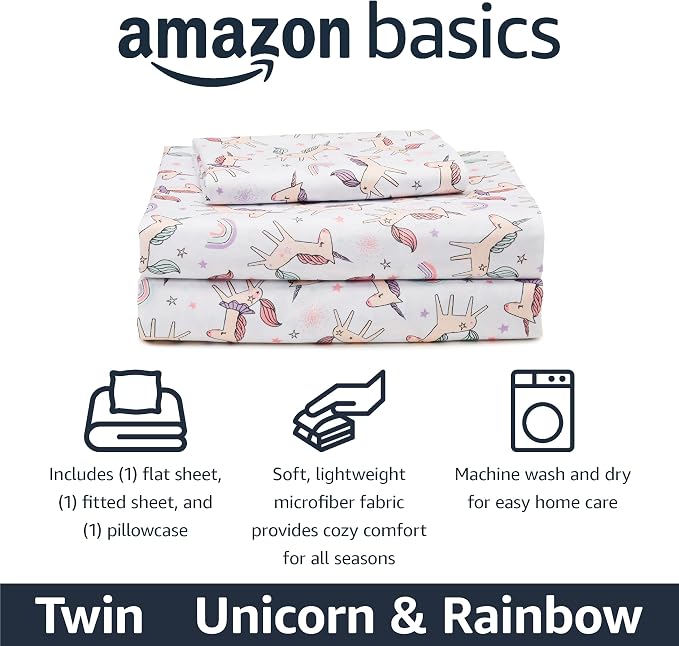 Amazon Basics Microfiber Kids' Sheet Set with Pillowcase, 3-Piece, Twin, Unicorn & Rainbow