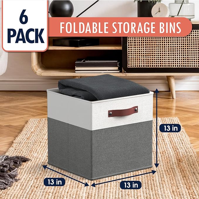 Ornavo Home 13x13 Foldable Fabric Storage Cube Bins, 6 Pack, White/Gray | Collapsible Linen Shelf Basket Organizer; Leather Handles; Ideal Cube Storage For Closet