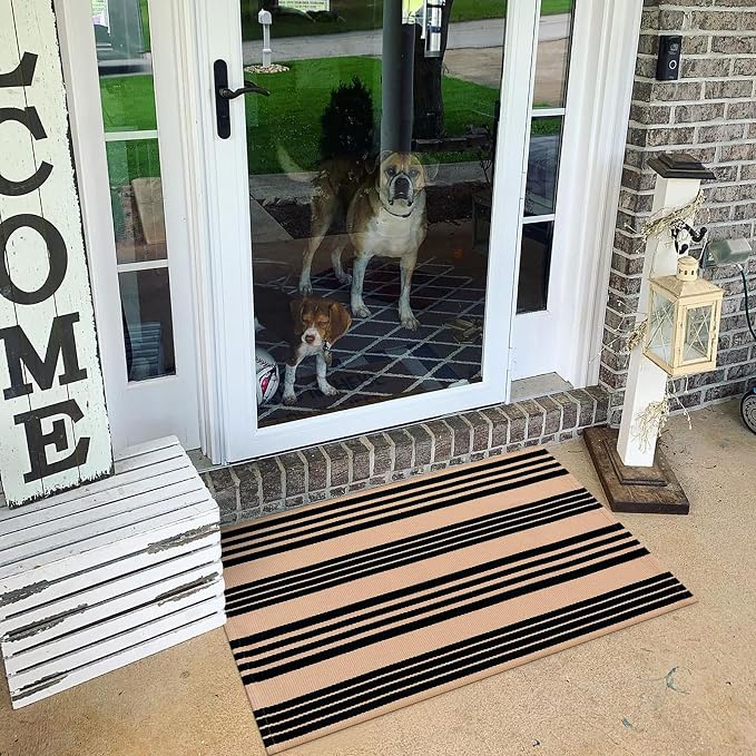 LEEVAN 2'X3' Black and Tan Striped Woven Cotton Reversible Outdoor Rug | Small Machine Washable Front Porch Rug, Entryway Door Mat, Indoor Layering Carpet for Farmhouse Bathroom Laundry