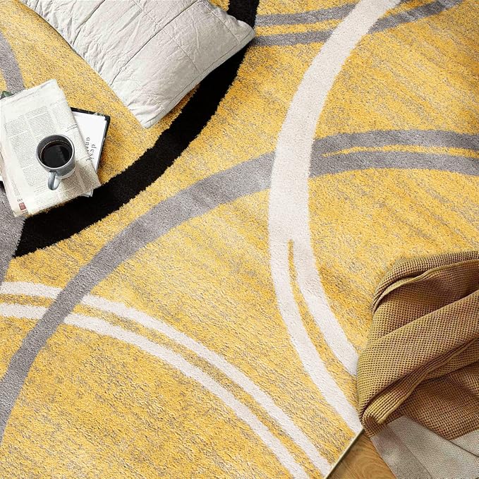 Rugshop Wavy Circles Jute Backing Living Room Area Rug Yellow 5'3" x 7'3" | Rectangular, Size 5'3" x 7'3", Bedroom, Dining Room, Home Office, Kitchen, Entryway, Hallway, Nursery, Kids Room, Guest Room