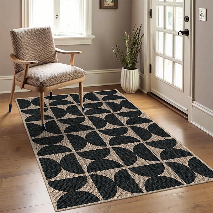 Easy Jute 3x5 Black Semicircle Area Rug,Washable Entryway Rug,Modern Door Carpet,Neutral Non-Slip Outdoor Indoor Farmhouse Rug for Living Room Kitchen Patio Bedroom