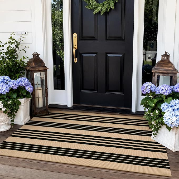 KIMODE Front Door Mats 24"x51", Black and Khaki Striped Layered Door Mats Outdoor,Machine Washable Farmhouse Front Porch Rug Fall Decor Cotton Hand Woven Entryway Rug for Doorway
