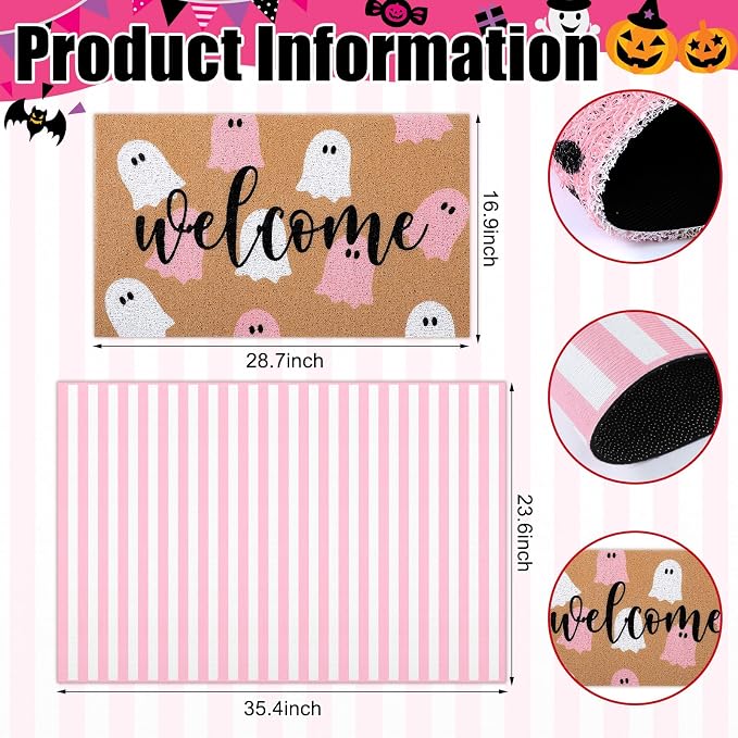Tinideya 2 Pcs Pink Halloween Welcome Mats for Front Door, Cute Ghost Coir Doormat with Pink White Striped Rug, Layered Doormat Set for Front Porch Entryway Outdoor Fall Decor