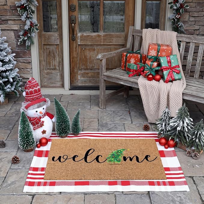 Moucuny 2 Pcs Christmas Doormat Outdoor Christmas Tree Welcome Coir Mat, Red White Plaid Outdoor Rug Non Slip Mats for Entrance Front Porch Decor, 24'' x 35'', 16'' x 28''