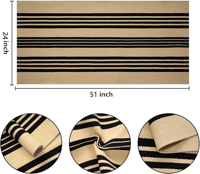 Khaki Black Outdoor Rug 2'x4.3',Striped Front Porch Rug Machine Washable Front Door Mat Entryway Throw Rug for Front Porch Indoor Outdoor Doormat