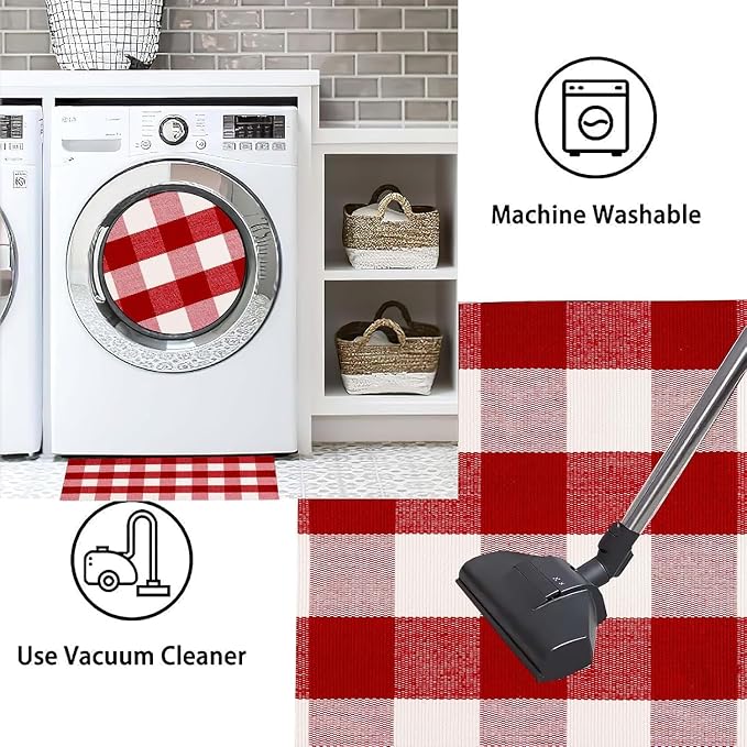 USTIDE Cotton Buffalo Plaid Rug Red&White Check Rugs 23.6"X51" Hand-Woven Indoor or Outdoor Rugs for Layered Door Mats Washable Carpet for Front Porch/Kitchen/Farmhouse/Entryway