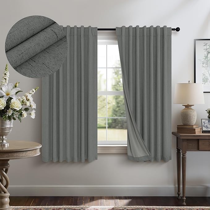 Linen Textured Black Out Blinds for Window 45 Inch Length 2 Panel Modern Farmhouse Kitchen Curtain Small Blackout Short Half Curtain for Nursery Bedroom Winter Thermal Blocking Charcoal Dark Grey Gray