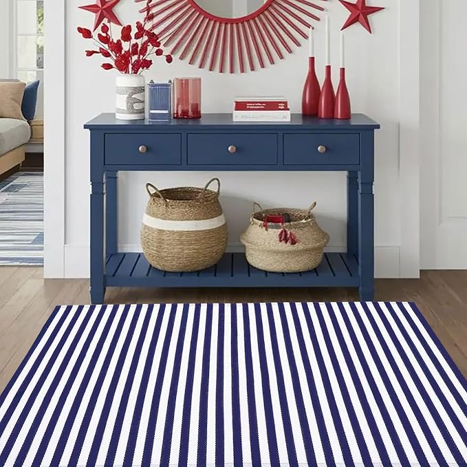 CAINANEL Blue and White Striped Rug 4th of July Door Mat 3' x 5' Summer Front Porch Rug Independence Day Welcome Doormats for Farmhouse Entrance Porch Outdoors Decor(Blue and White, 3' x 5')
